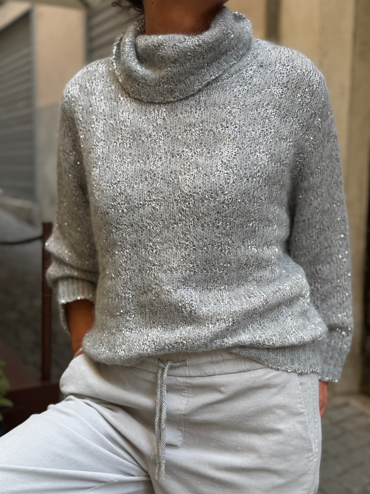 Maglia Collo Alto Boucle’ Check Con Micropaillettes