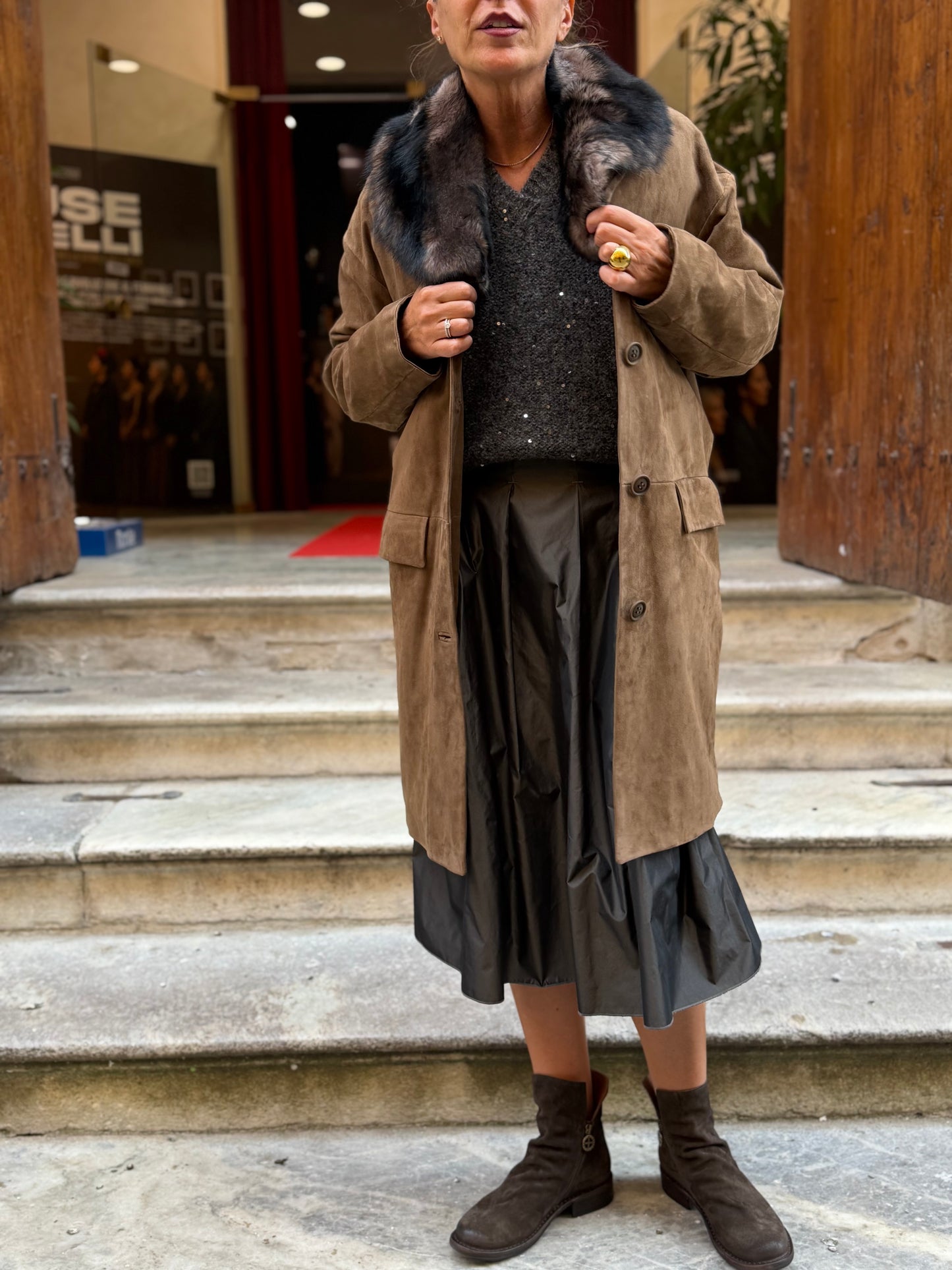 Cappotto Pelle Scamosciata Collo Montone Staccabile