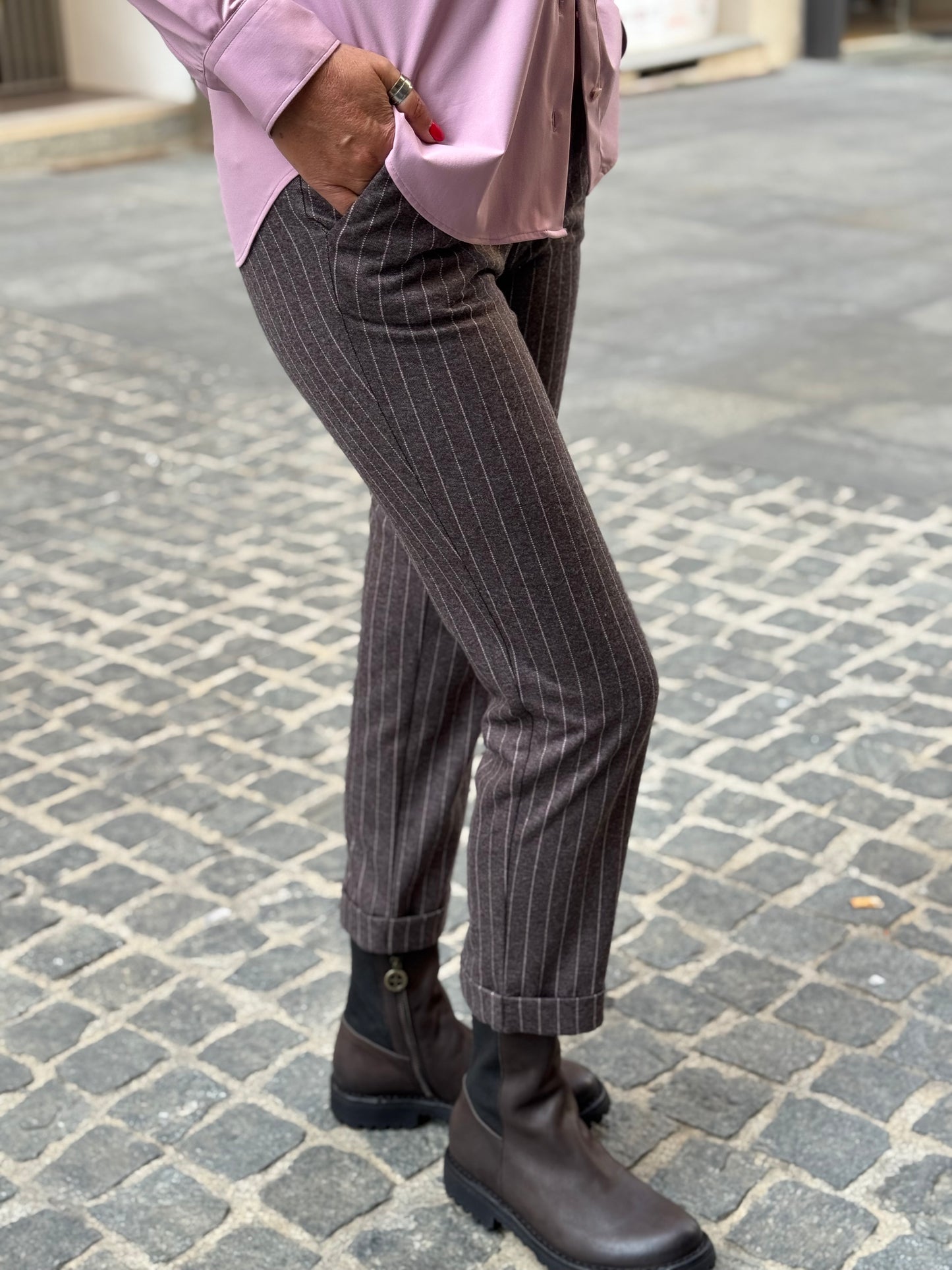 Pantalone Gessato Con Risvolto