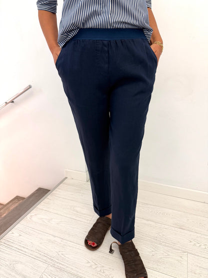 Pantalone In Lino Con Risvolto