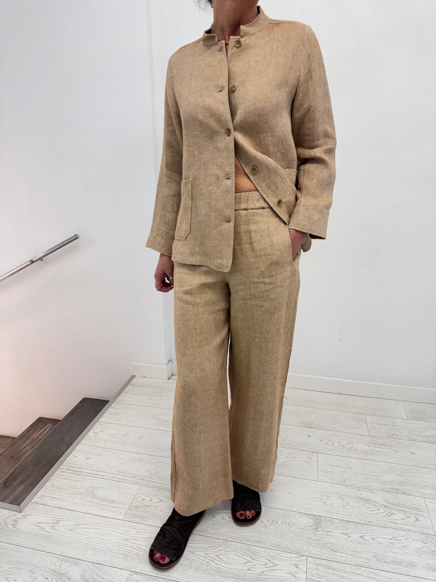 Giacca Collo Coreana Lino Tabacco