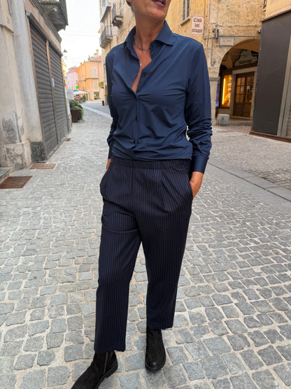 Pantalone Gessato Con Elastico In Vita