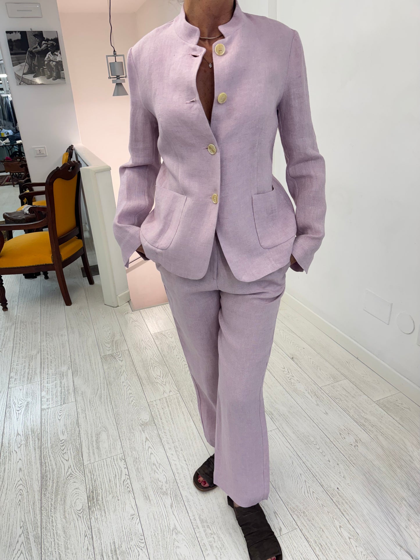 Giacca Collo Coreana Lino Rosa