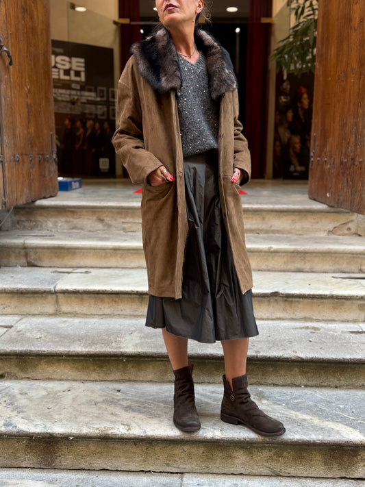 Cappotto Pelle Scamosciata Collo Montone Staccabile