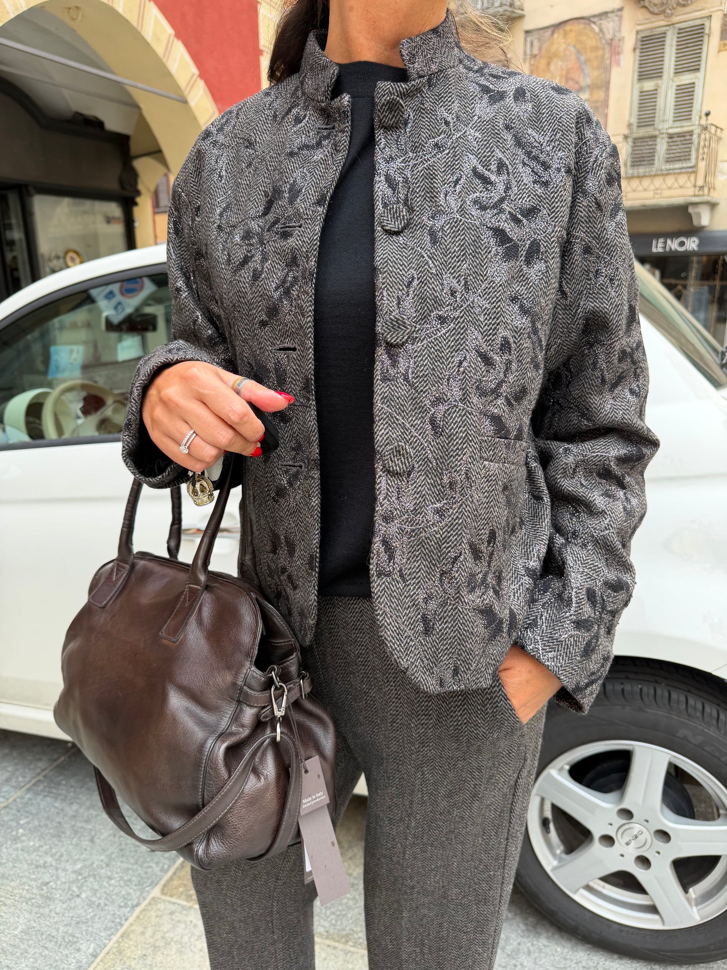 Giacca collo coreana in tweed jaquard