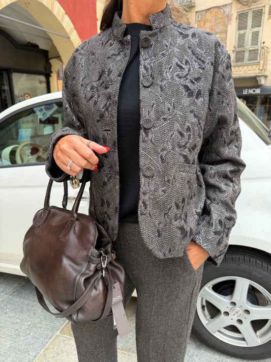 Giacca collo coreana in tweed jaquard
