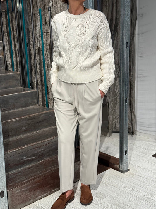 Maglia Girocollo Lana, Cashmere e Seta Treccia Iconica Scolpita