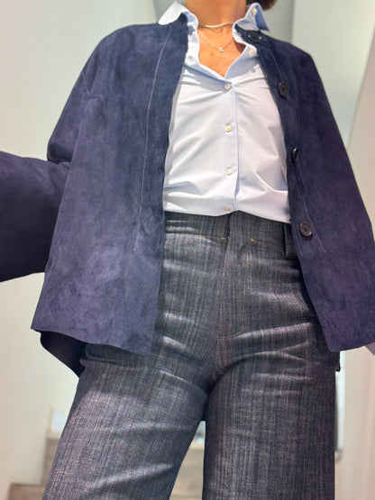 Giacca Senza Collo Pelle Scamosciata