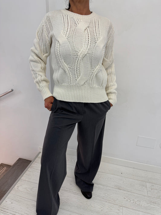 Maglia Girocollo Lana, Cashmere e Seta Treccia Iconica Scolpita