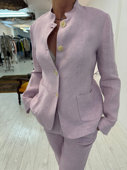 Giacca Collo Coreana Lino Rosa