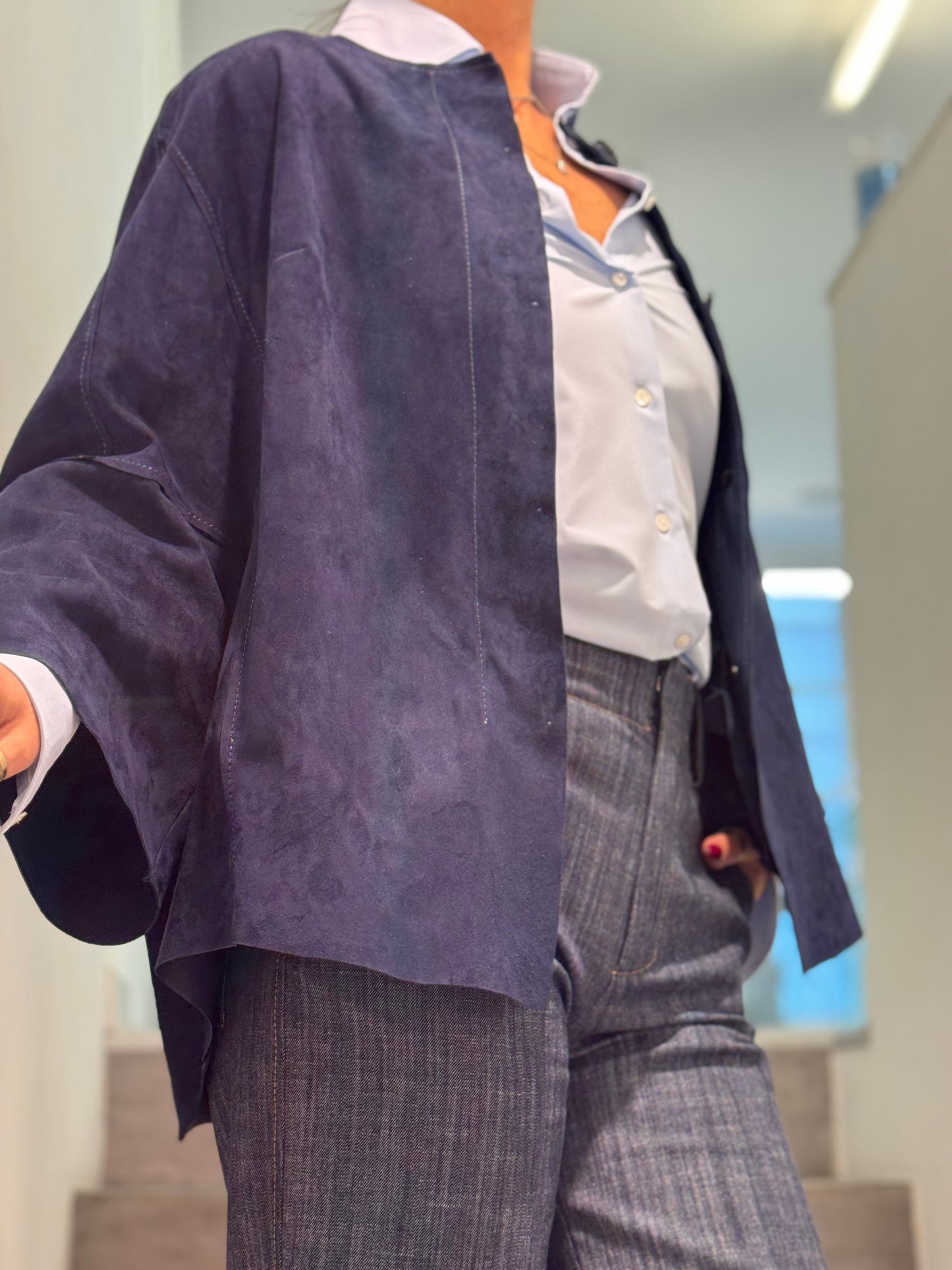 Giacca Senza Collo Pelle Scamosciata