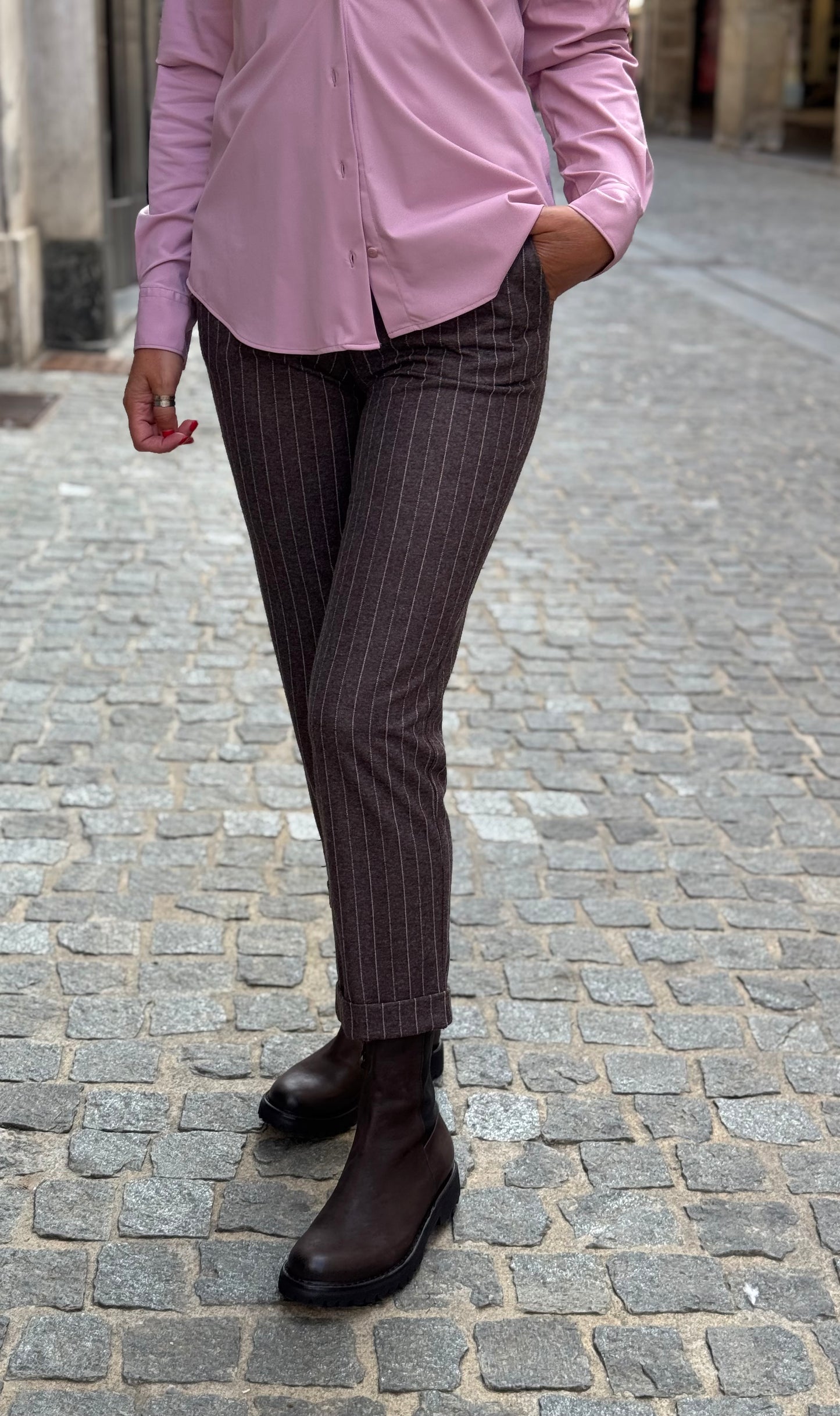 Pantalone Gessato Con Risvolto