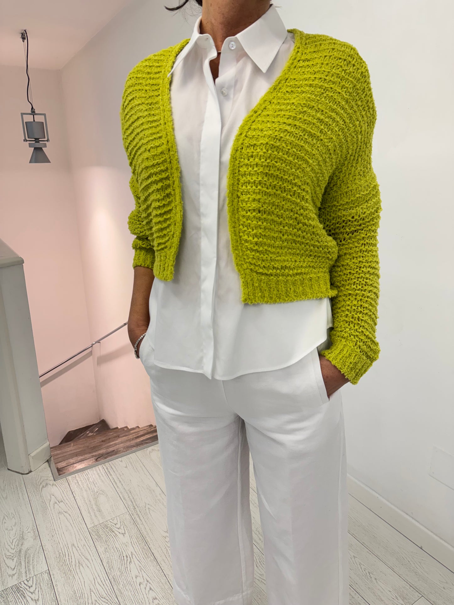 Cardigan Manica Corta Filato Effetto Nastro