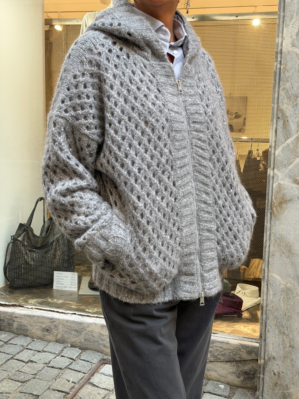 Bomber Traforato Con  Cappuccio Ardesia Silver