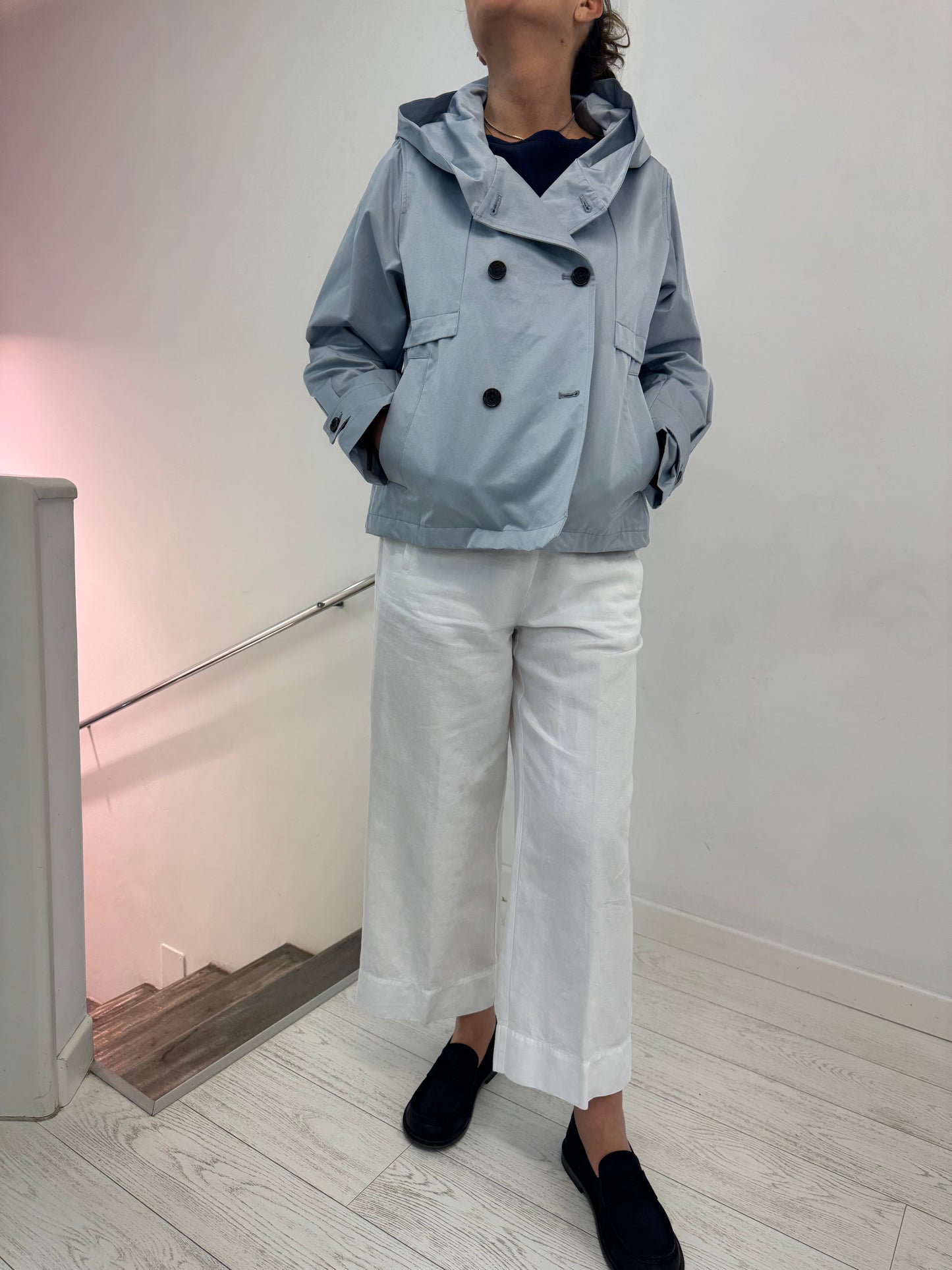 Trench Corto Con Cappuccio Raso di Cotone