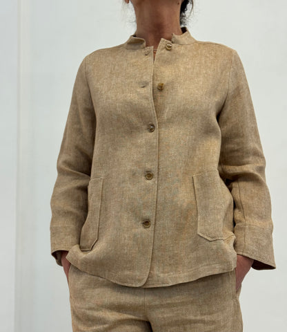 Giacca Collo Coreana Lino Tabacco